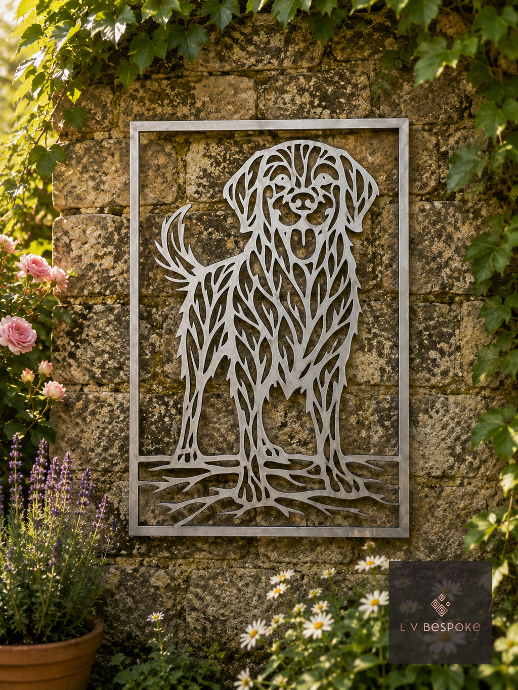 Framed metal golden retriever wall art on a stone garden wall