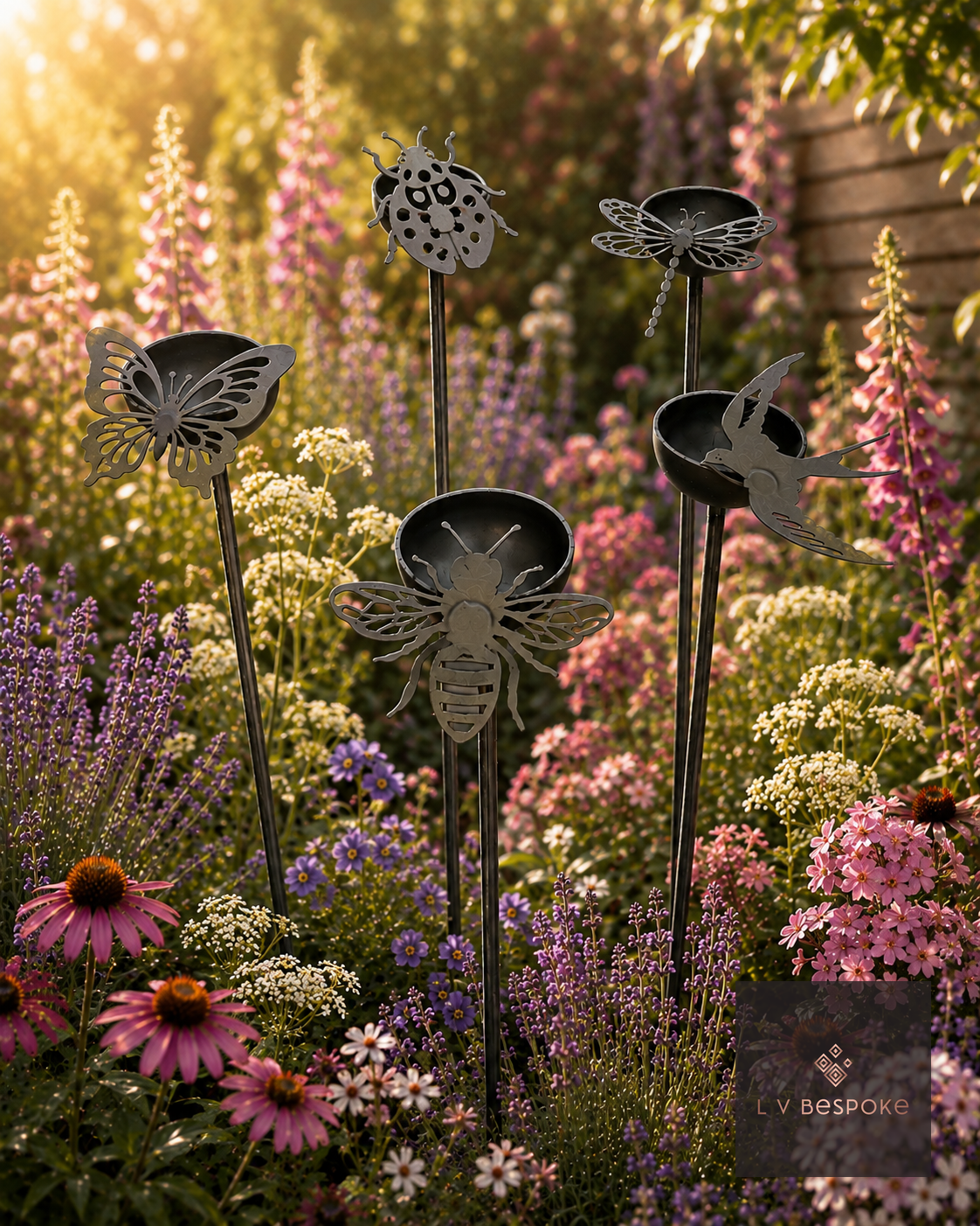 Metal cup garden stakes among foxgloves, echinacea and lavender
