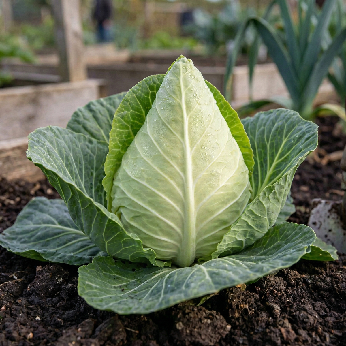 Greyhound Cabbage plant growing in a garden setting