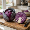 Cabbage Red Drumhead – whole and halved red cabbage on a wooden kitchen board