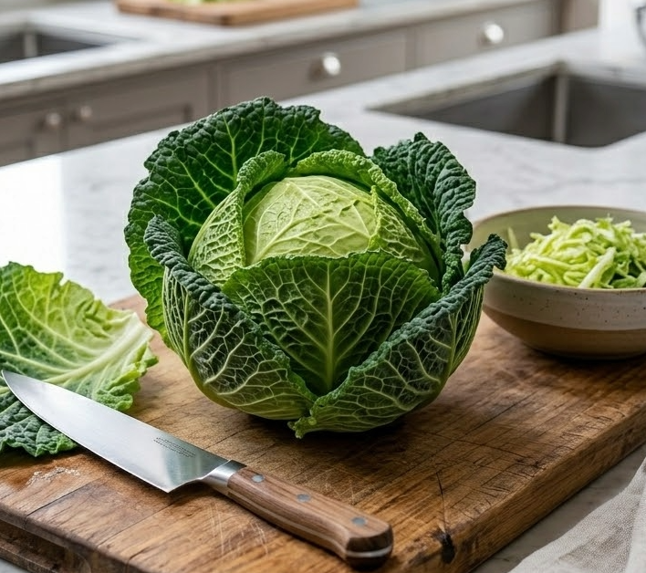 A whole Cabbage Savoy Cordesa F1 by Bishy Barnabees Cottage Garden Ltd rests on a wooden board with a kitchen knife, loose leaves, and a bowl of shredded cabbage—freshly prepped on a bright kitchen counter.
