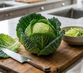 Cabbage Savoy Cordesa F1 on a wooden board with a knife, loose leaves and a bowl of shredded cabbage