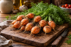 Bunch of Paris Market carrots with soil and green tops on a wooden board beside a knife