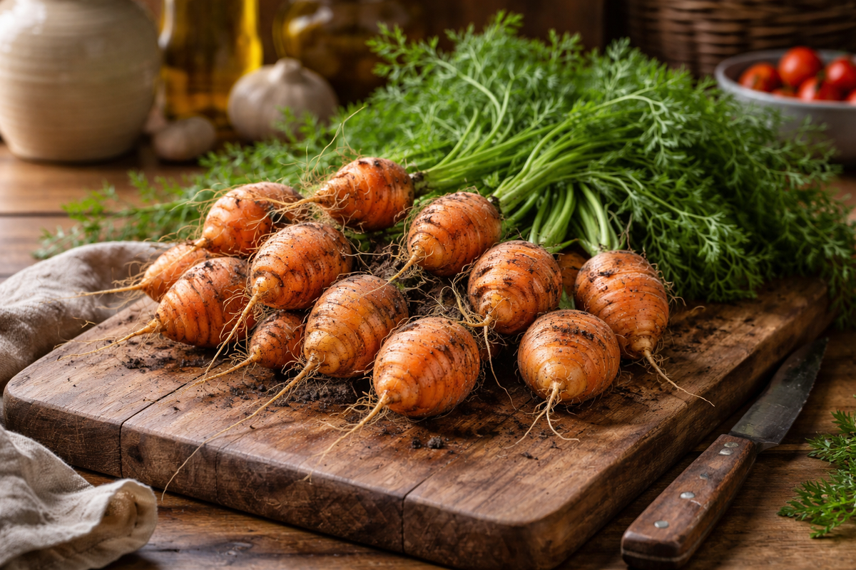 A bunch of Carrot Paris Market from Bishy Barnabees Cottage Garden Ltd, with fresh green tops and soil, rest on a rustic wooden cutting board beside a knife, their vivid orange brightening this cozy kitchen scene.