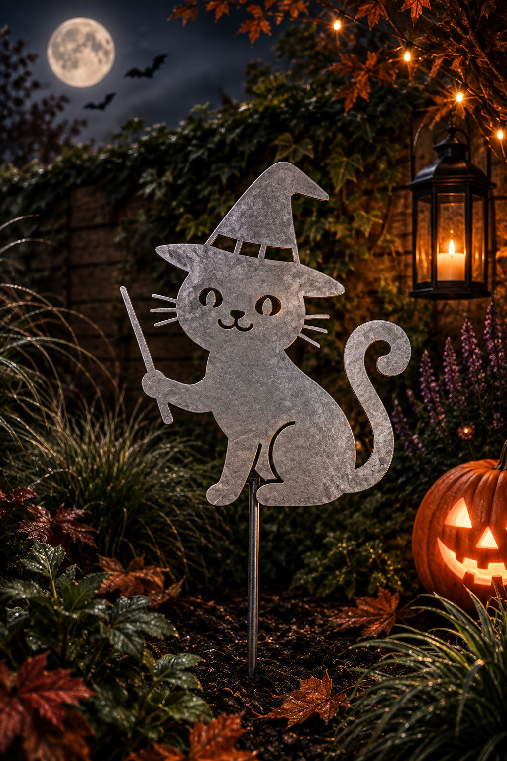 Metal cat in a witch's hat garden stake in a Halloween garden