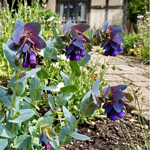 Cerinthe major 'Purpurascens' with blue-green leaves and purple flowers beside a timber-framed cottage