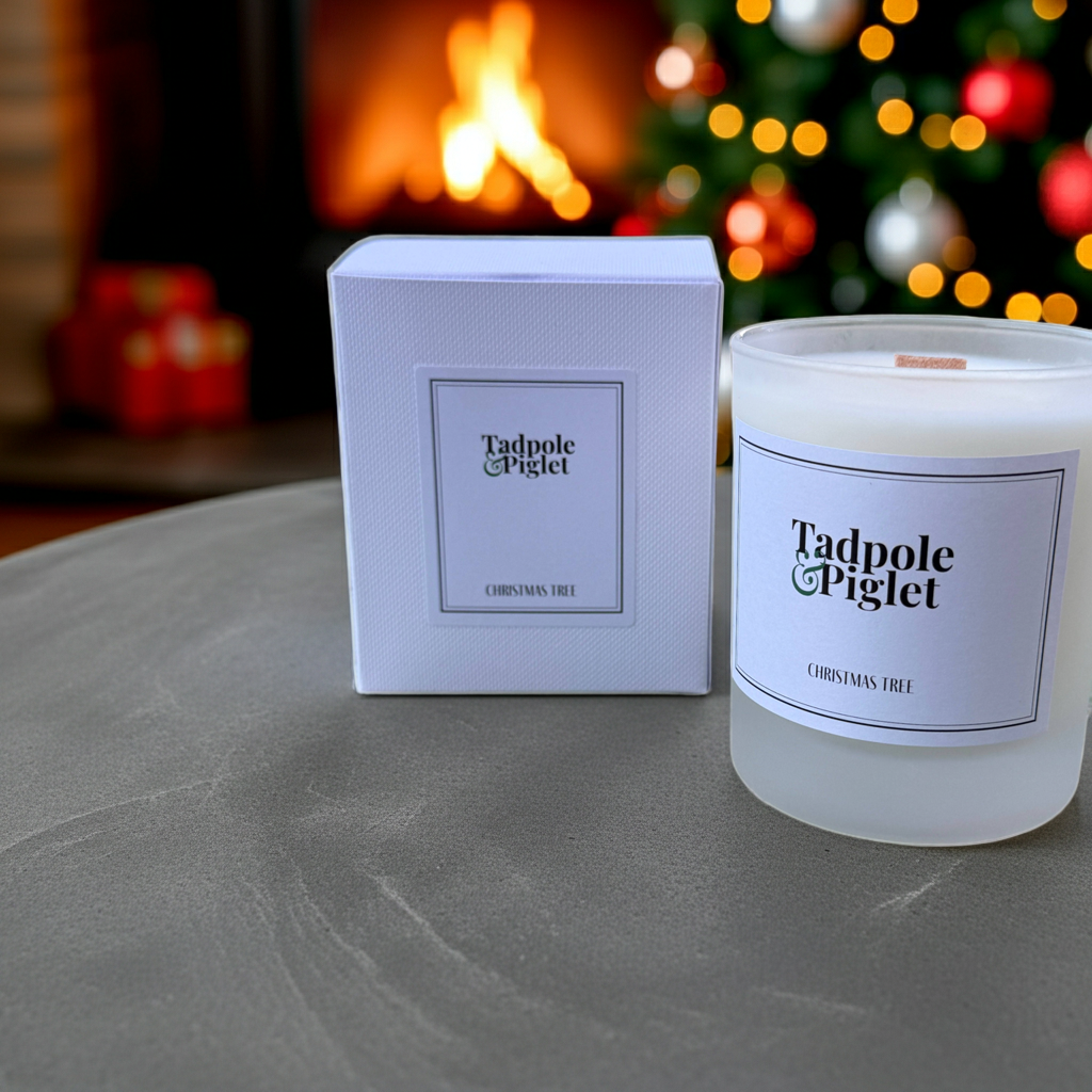 A Tadpole & Piglet Christmas Tree Scented Candle and its box sit on a table, with a lit fireplace and decorated tree blurred in the background. This soy wax candle adds festive warmth to any room.