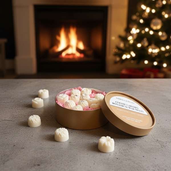 A round box of white chocolates sits open on the table, candies scattered nearby. Tadpole & Piglet Coffee Caramel Botanical Wax Melts fill the room with a warm aroma as a fireplace and Christmas tree create a cozy holiday mood.