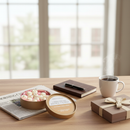 A wooden table holds a cup of coffee, assorted candies, a Tadpole & Piglet Coffee Caramel Botanical Wax Melts box, a notebook with pen, a wrapped gift, and a newspaper by large sunlit windows.