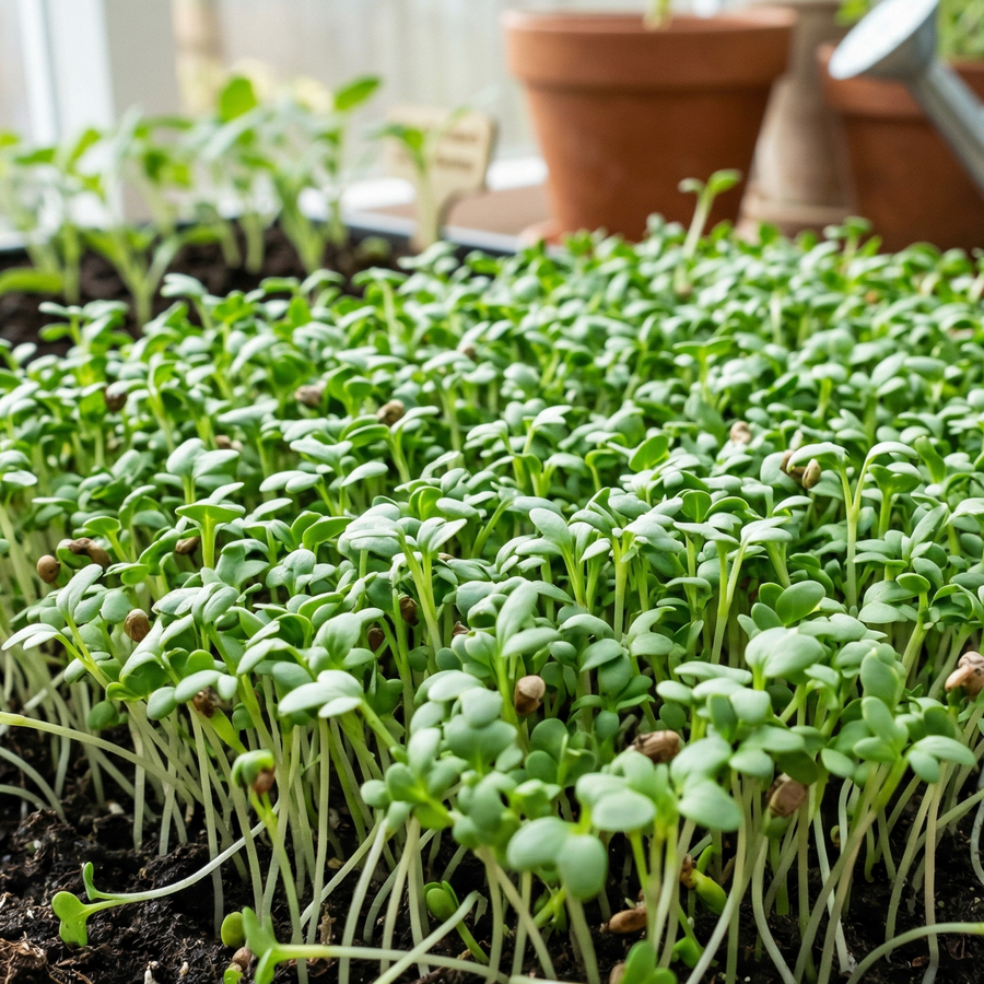 A close-up photograph of a dense tray of Common Cress (Lepidium sativum) microgreens growing in rich dark soil within a rustic light-wood container. The countless bright emerald-green cotyledon leaves and slender stems form a vibrant canopy, illuminated by natural daylight in a sunlit UK greenhouse with terracotta pots in the softly blurred background.