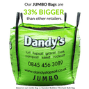 A large green Dandy's Topsoil & Landscape Supplies bag of Compost Springmix Garden Mulch is shown. Text reads, "Our JUMBO Bags are 33% BIGGER than other retailers." The bag displays the logo, phone number, and website.