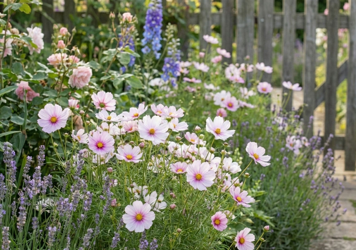 Garden with cosmos daydream flowers and lavender plants, wooden fence in the background