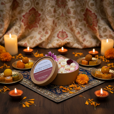 A vibrant festive arrangement with candles, marigold petals, Indian sweets, and a round box of Tadpole & Piglet Cranberry & Orange Botanical Wax Melts on a patterned mat, set before a floral curtain for fragrant home celebrations.