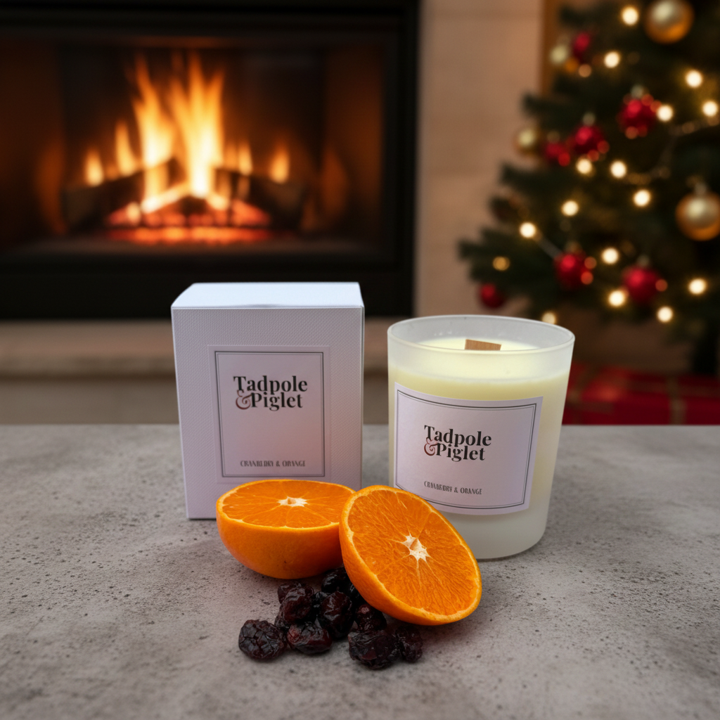 A Tadpole & Piglet Cranberry & Orange Scented Candle with a wooden wick sits by its white box, orange halves, and dried cranberries, while a fireplace and decorated Christmas tree glow in the background.