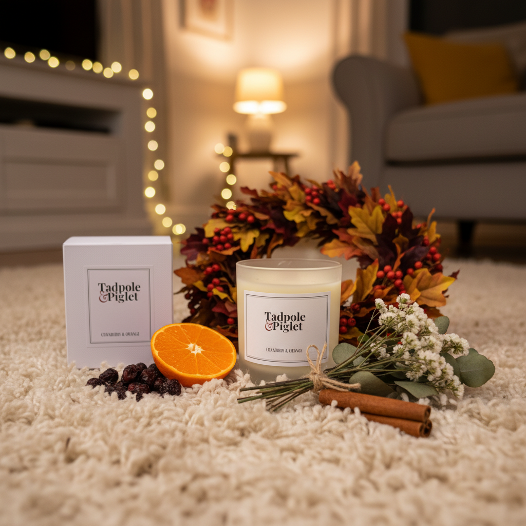A cozy living room displays the Tadpole & Piglet Cranberry & Orange Scented Candle with a wooden wick, orange slice, cinnamon sticks, dried berries, white flowers, and a fall wreath on a plush carpet. Warm lamp and string lights glow softly in the background.