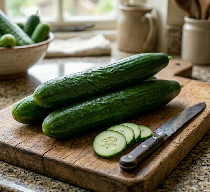 Three whole Cucumber Burpless Tasty Green F1 by Bishy Barnabees Cottage Garden Ltd and some slices are on a wooden cutting board with a knife, with more cucumbers in a bowl in the background.