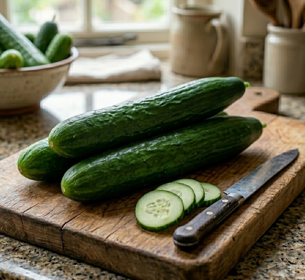 Three whole Cucumber Burpless Tasty Green F1 by Bishy Barnabees Cottage Garden Ltd and some slices are on a wooden cutting board with a knife, with more cucumbers in a bowl in the background.