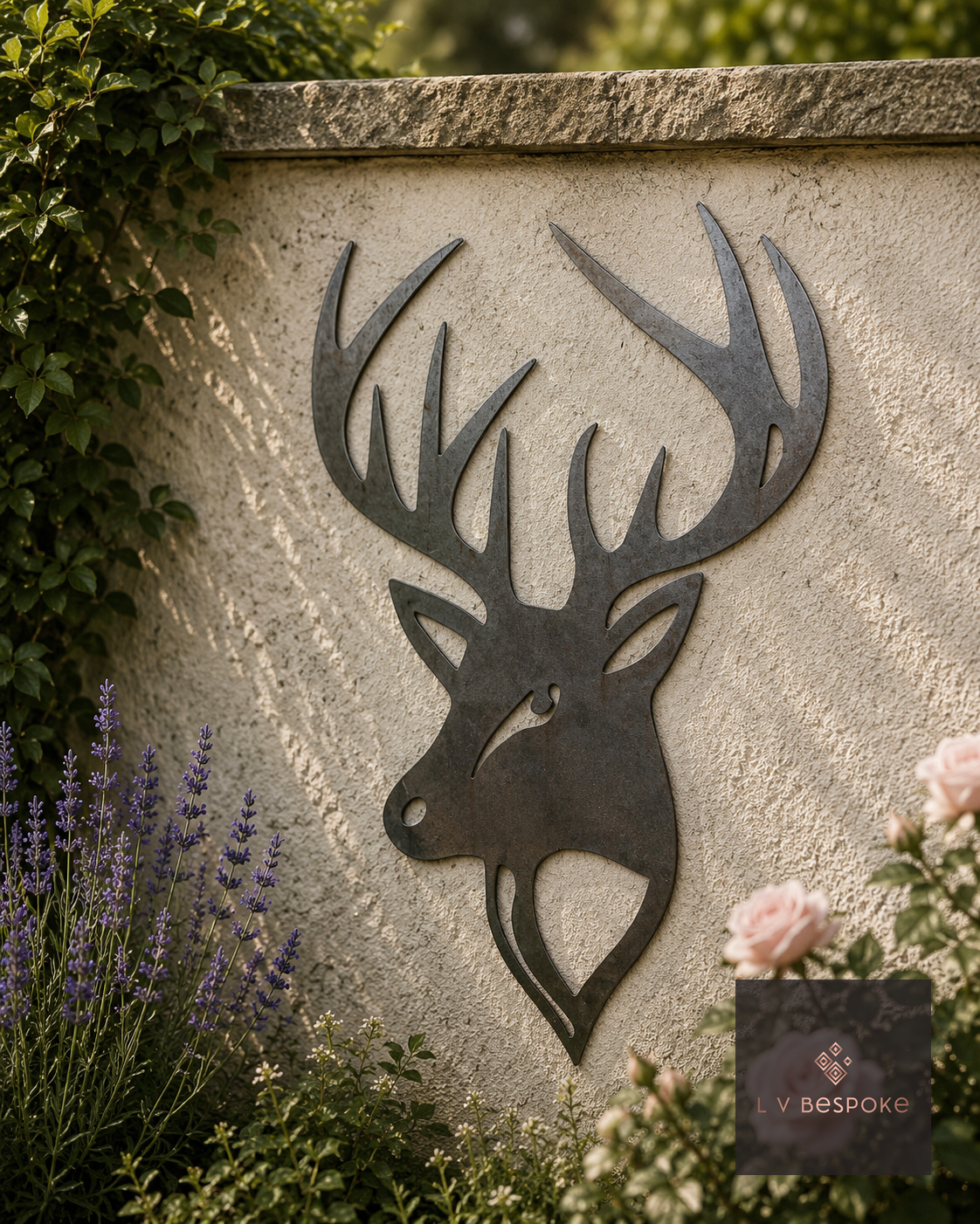 Metal stag head wall art on a rendered garden wall