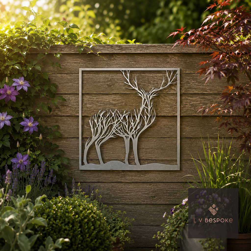 Framed metal stag and tree wall art on a wooden fence