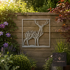 Framed metal stag and tree wall art on a wooden fence