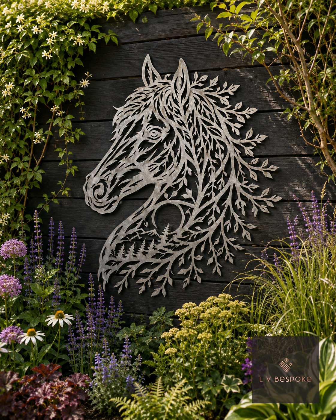 Metal horse head wall art with leafy mane on a dark fence