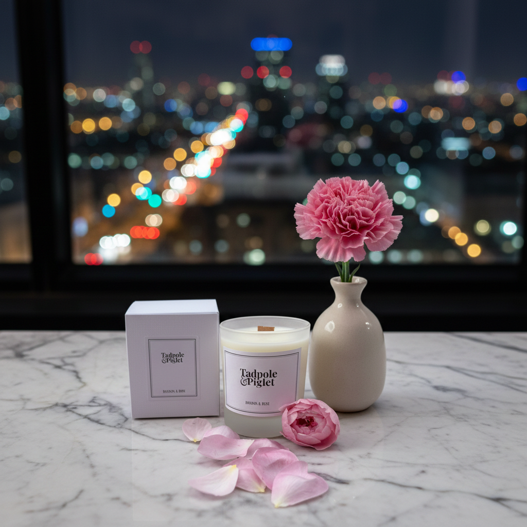 On a marble table, the Tadpole & Piglet Damson & Rose Scented Candle with its box sits beside a vase with a pink carnation and scattered rose petals, all next to a window overlooking the city’s blurred night lights.