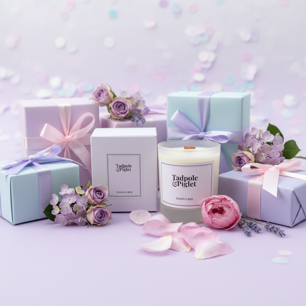 A Tadpole & Piglet Damson & Rose Scented Candle, featuring an FSC-Certified Wooden Wick, rests among pastel gift boxes and ribbons with pink and purple flowers on a lavender surface amid soft, dreamy bokeh lighting.