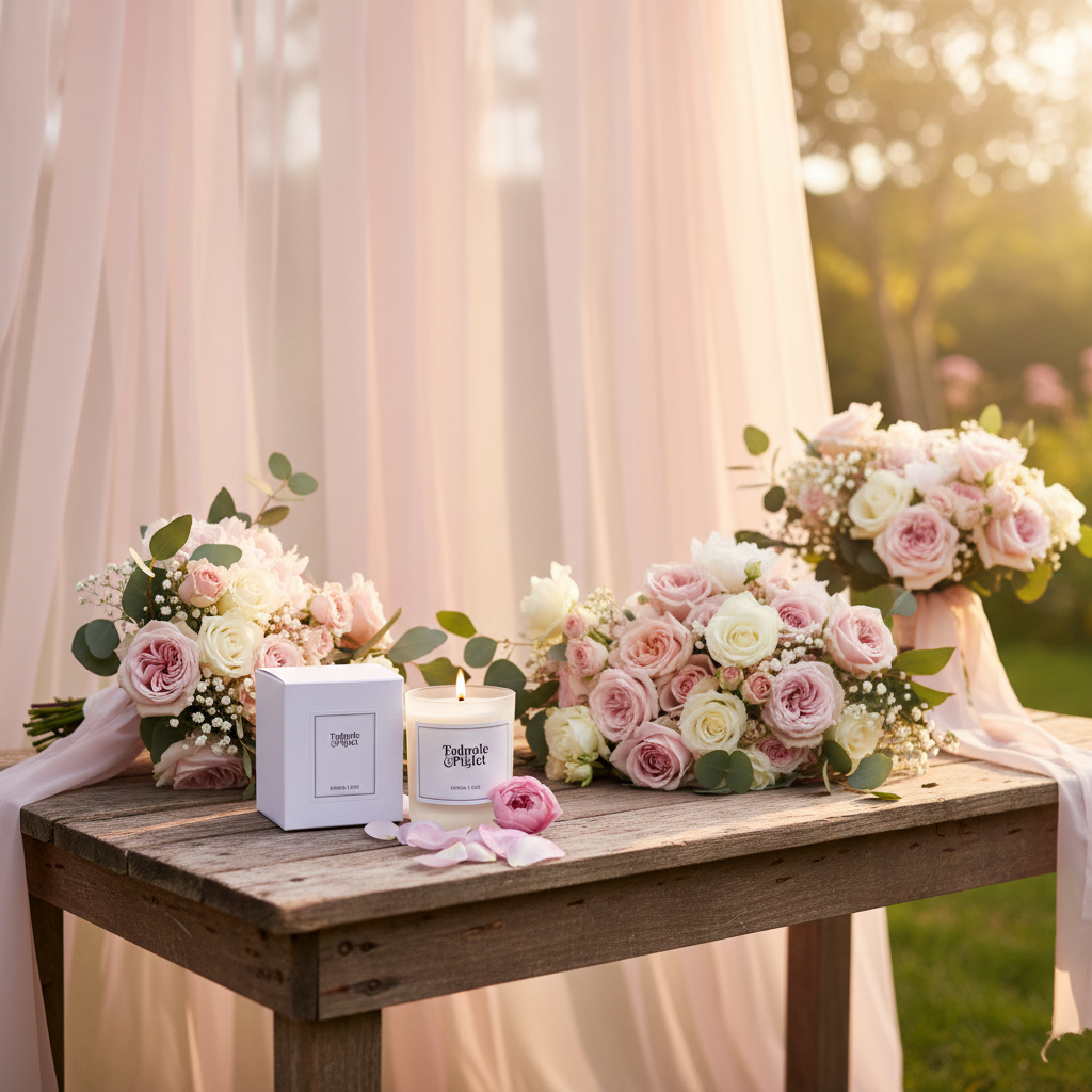 A rustic wooden table displays pink and white rose bouquets, a Tadpole & Piglet Damson & Rose Scented Candle with an FSC-Certified Wooden Wick, and its box. Sheer pink fabric drapes in the background, enhancing the fruity-floral scent outdoors.