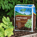 A large bag of Dandy's Topsoil & Landscape Supplies Landscaping Garden Bark Mulch sits in a garden by green plants, its packaging highlighting weed suppression, root protection, and moisture retention—perfect as mulch or bulk bark chippings.
