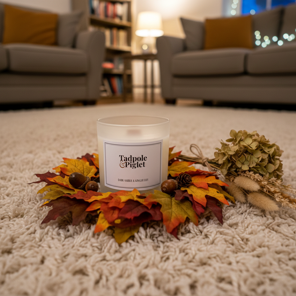 A Tadpole & Piglet Dark Amber & Ginger Lily Scented Candle rests on autumn leaves and acorns atop a light carpet, with dried flowers nearby. Cozy living room scene features gray armchairs and warm lighting in the background.