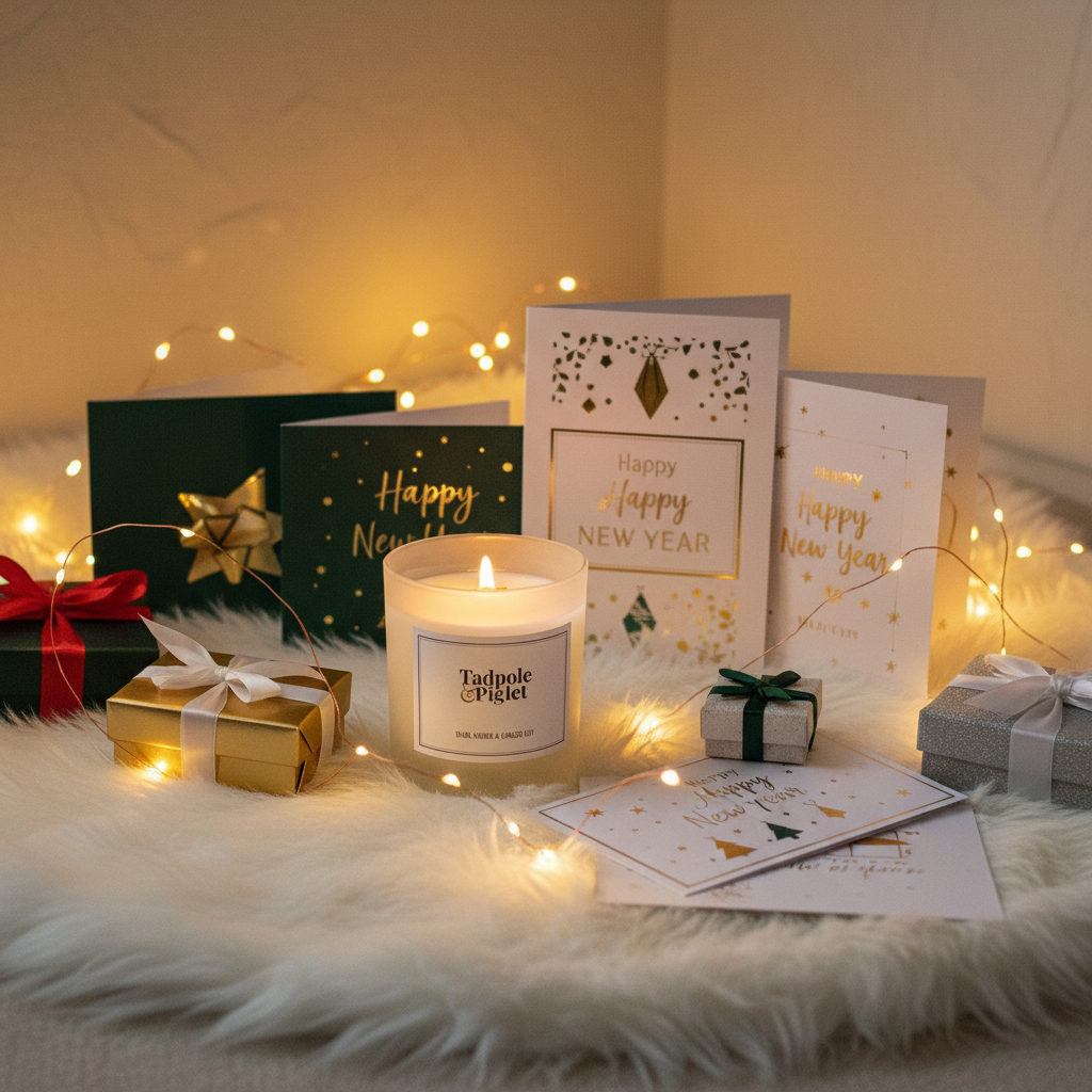 A cozy scene with New Year cards, a Tadpole & Piglet Dark Amber & Ginger Lily Scented Candle, small wrapped gifts, and string lights on a fluffy white surface creates a festive atmosphere inspired by Japanese incense traditions.