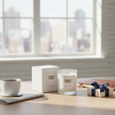A Dark Honey & Tobacco Scented Candle from Tadpole & Piglet rests beside its box on a desk by the window, accompanied by coffee, a notebook, and a navy-ribboned gift box. The city skyline can be seen outside.