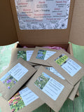 An open Floriography: The Little Box of Love by Bishy Barnabees Cottage Garden sits on a green surface, with brown flower seed packets and a lid chart explaining each bloom’s symbolic meaning—a charming Language of Flowers gift.