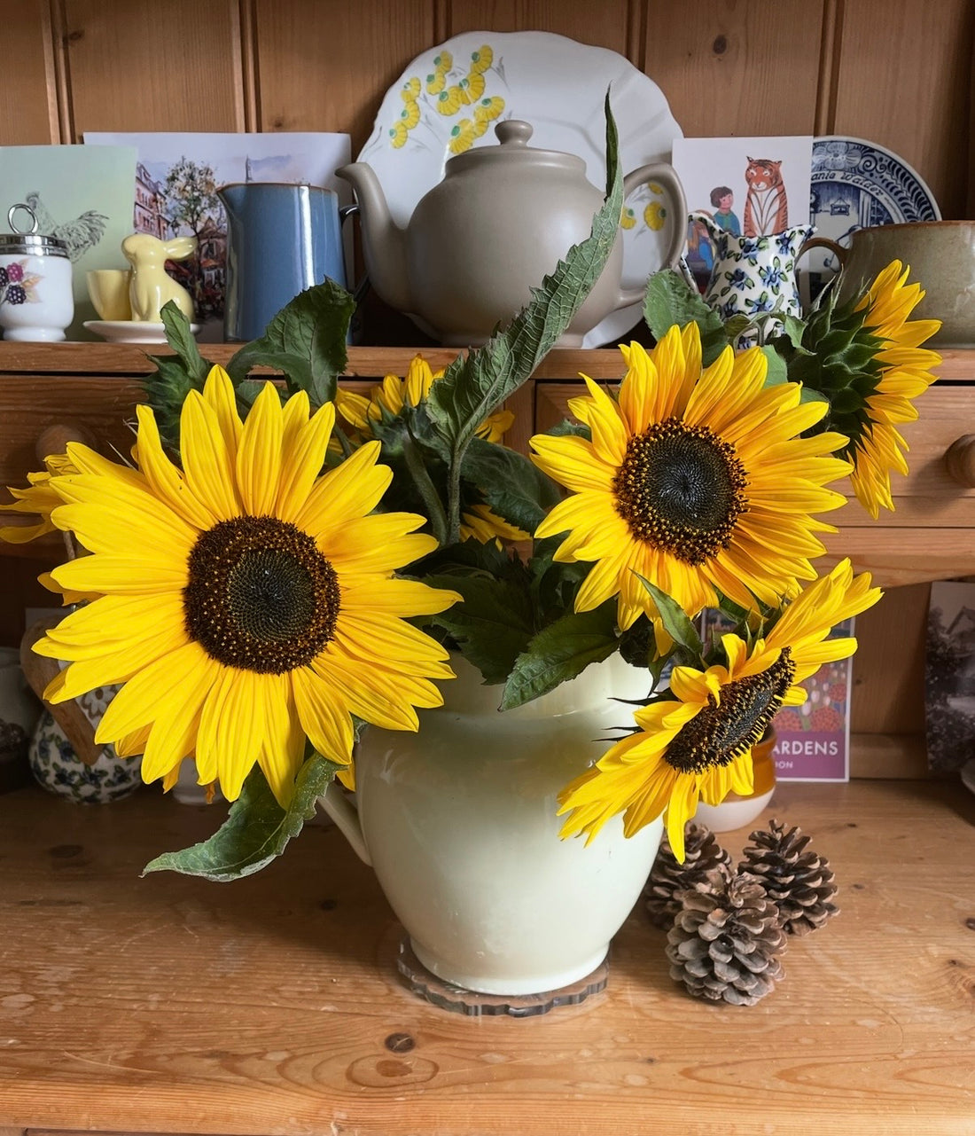 The Sunflower Waooh! by Bishy Barnabees Cottage Garden Ltd features bright yellow sunflowers in a cream-colored jug on a wooden table, with teapots, mugs, plates, greeting cards, and two pinecones as accents.