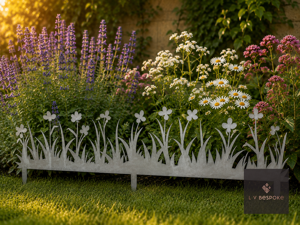 Metal lawn edging with a grass-and-flower cut-out in a sunny border