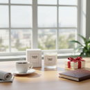 A table by a window holds a Tadpole & Piglet Earl Grey & Cucumber scented candle in a glass jar with its box, a cup of coffee, an open notebook, a wrapped gift with a red ribbon, and a folded newspaper, all glowing in natural sunlight.