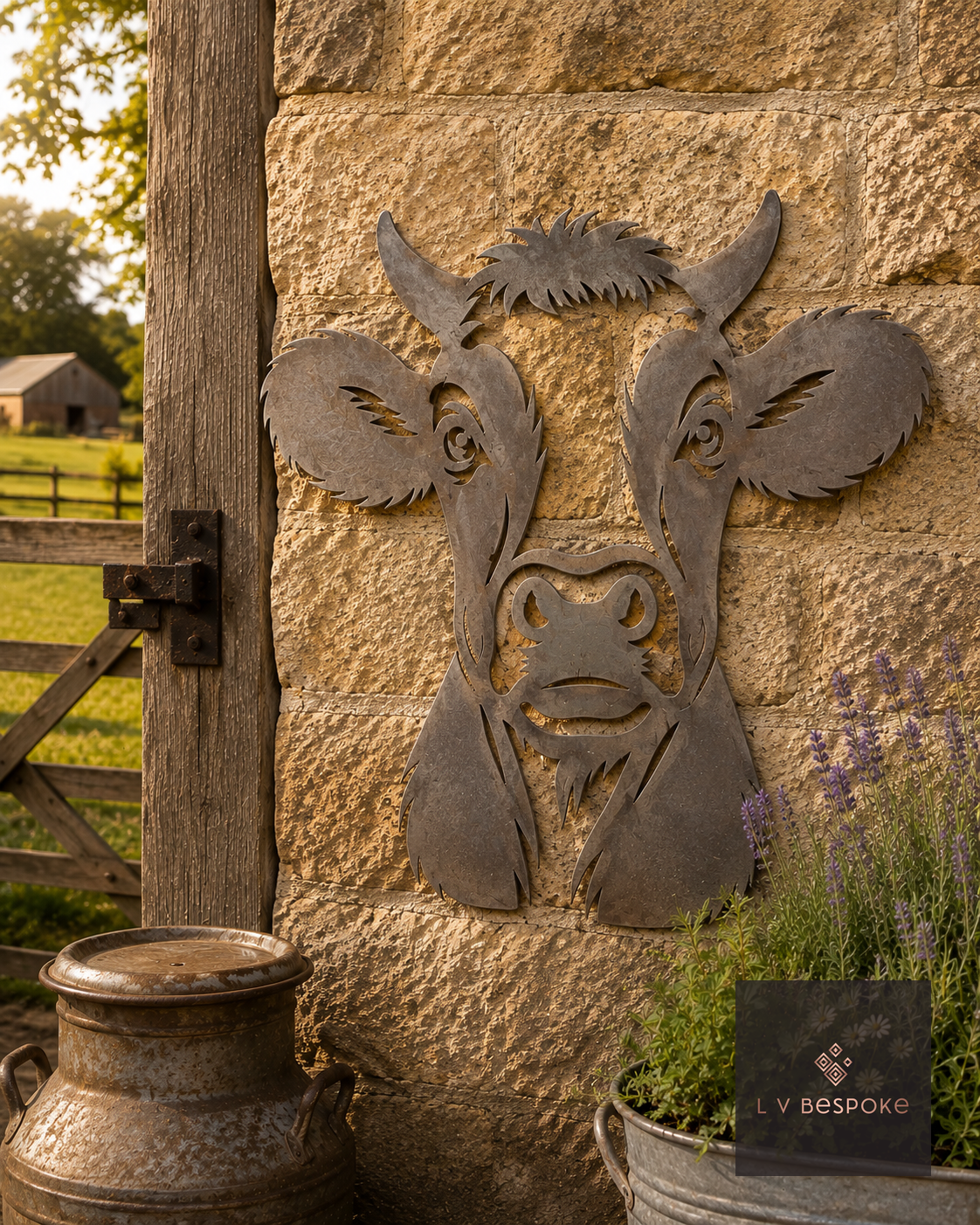 Metal cow face wall art on a stone barn wall beside a milk churn