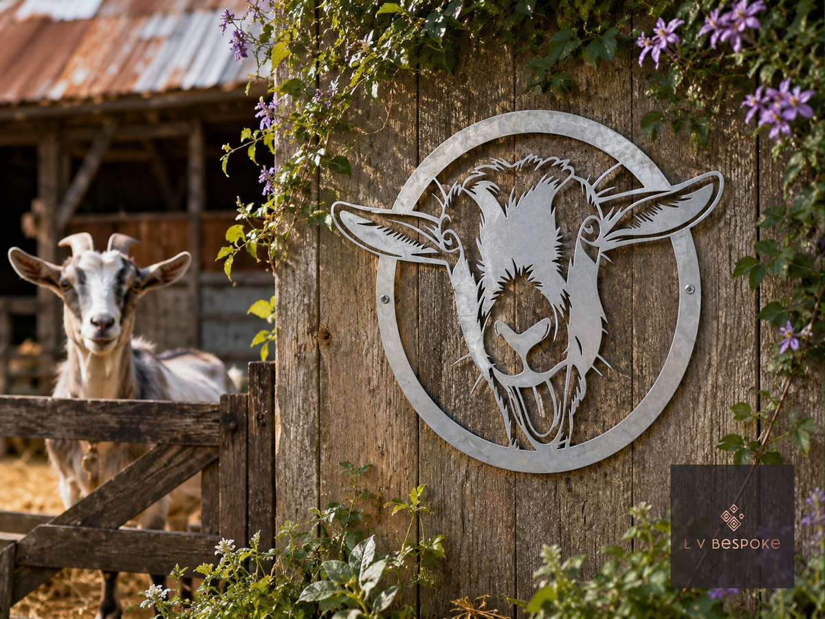 Round metal goat head wall art on a wooden fence