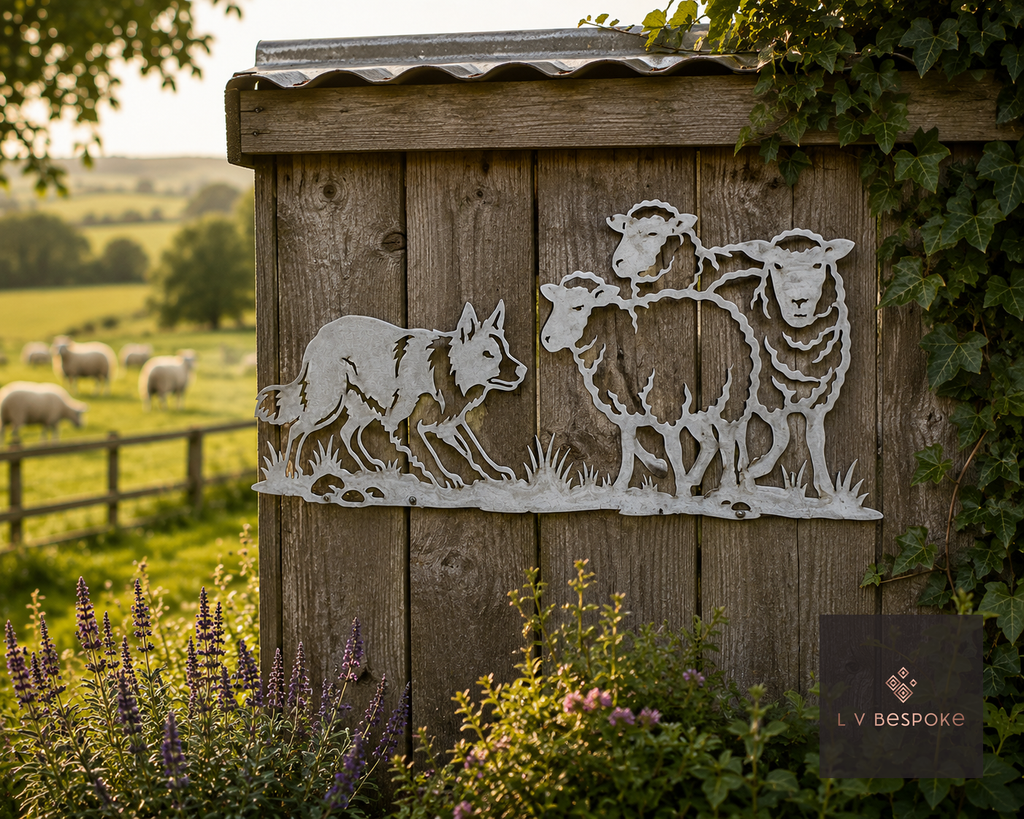 Metal sheepdog and sheep wall art on a wooden shed