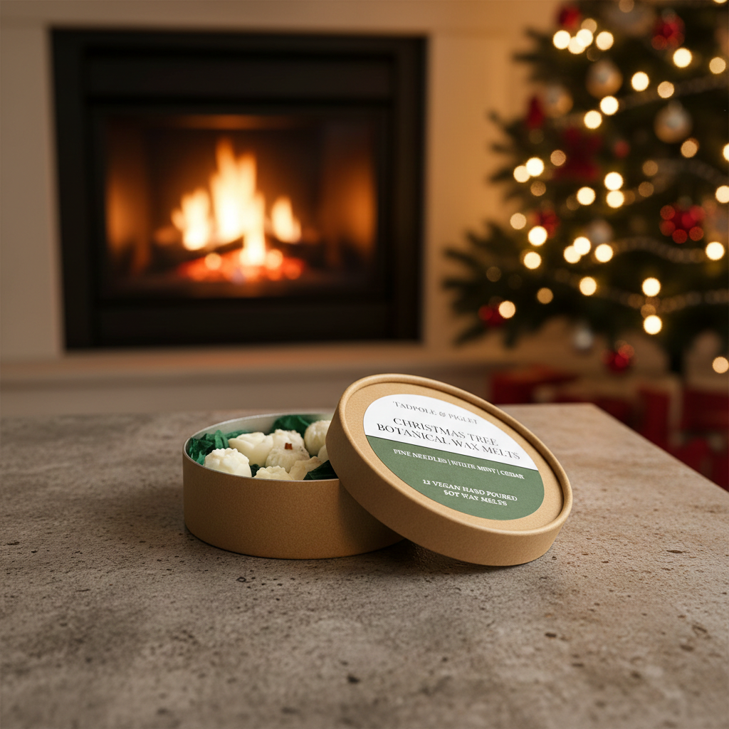 An open Tadpole & Piglet round gift box with a green label displays Christmas Tree Botanical Wax Melts and treats on stone, while a decorated tree and lit fireplace provide a festive, cozy backdrop.