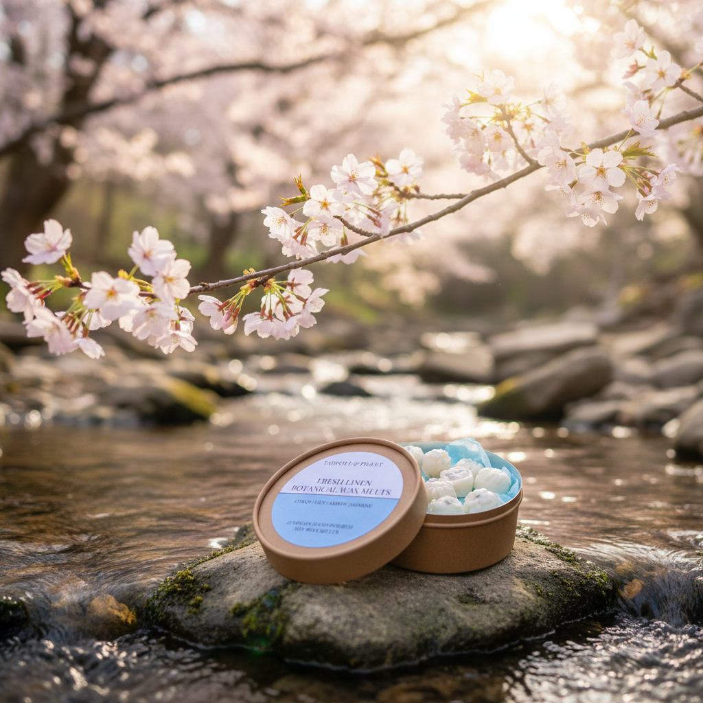 A round box of Fresh Linen Botanical Wax Melts by Tadpole & Piglet rests on rocks beside a stream, cherry blossoms overhead and sunlight filtering through the trees.