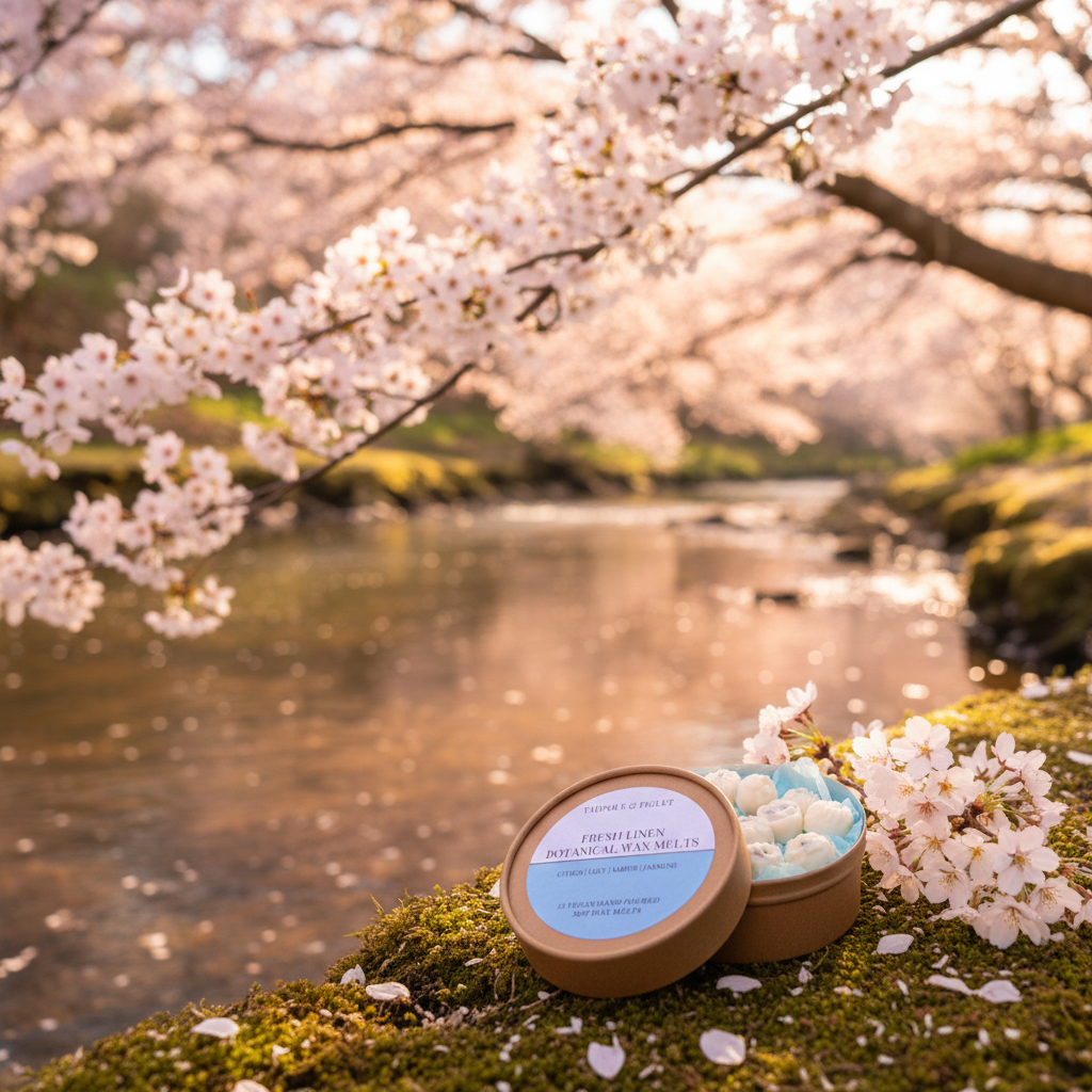 A round Tadpole & Piglet Fresh Linen Botanical Wax Melts container rests on moss beside a tranquil river, framed by cherry blossoms and soft sunlight, evoking fresh, powdery floral relaxation in spring.