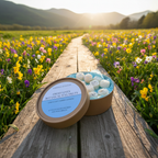 An open round box of Tadpole & Piglet Fresh Linen Botanical Wax Melts rests on a wooden path in a wildflower field, with mountains and sunlight behind. The label displays: Fresh Linen Botanical Wax Melts.