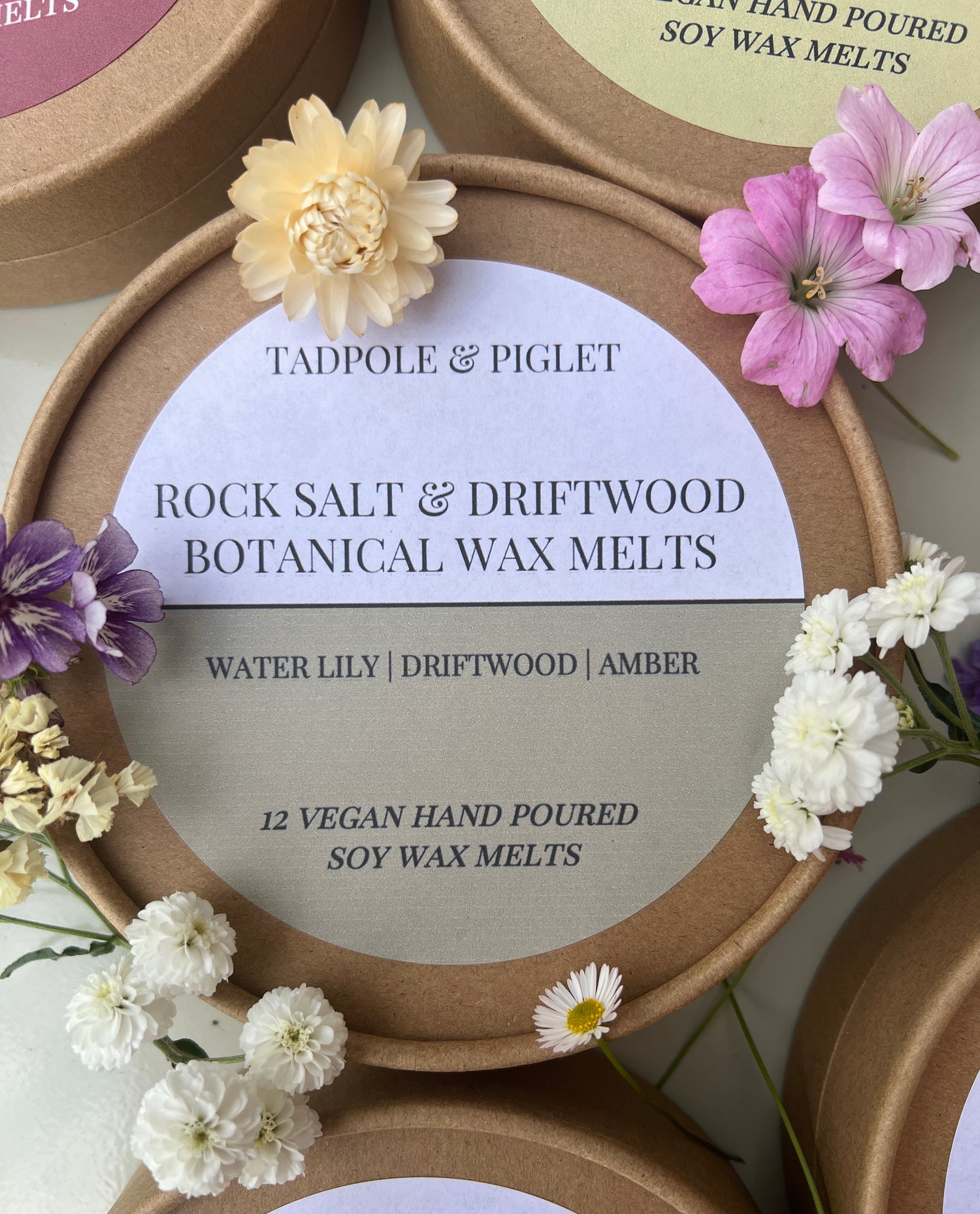 Rock Salt &amp; Driftwood Botanical Wax Melts in brown container with flowers, water lily, driftwood, amber scents, 12 vegan hand-poured soy wax melts.