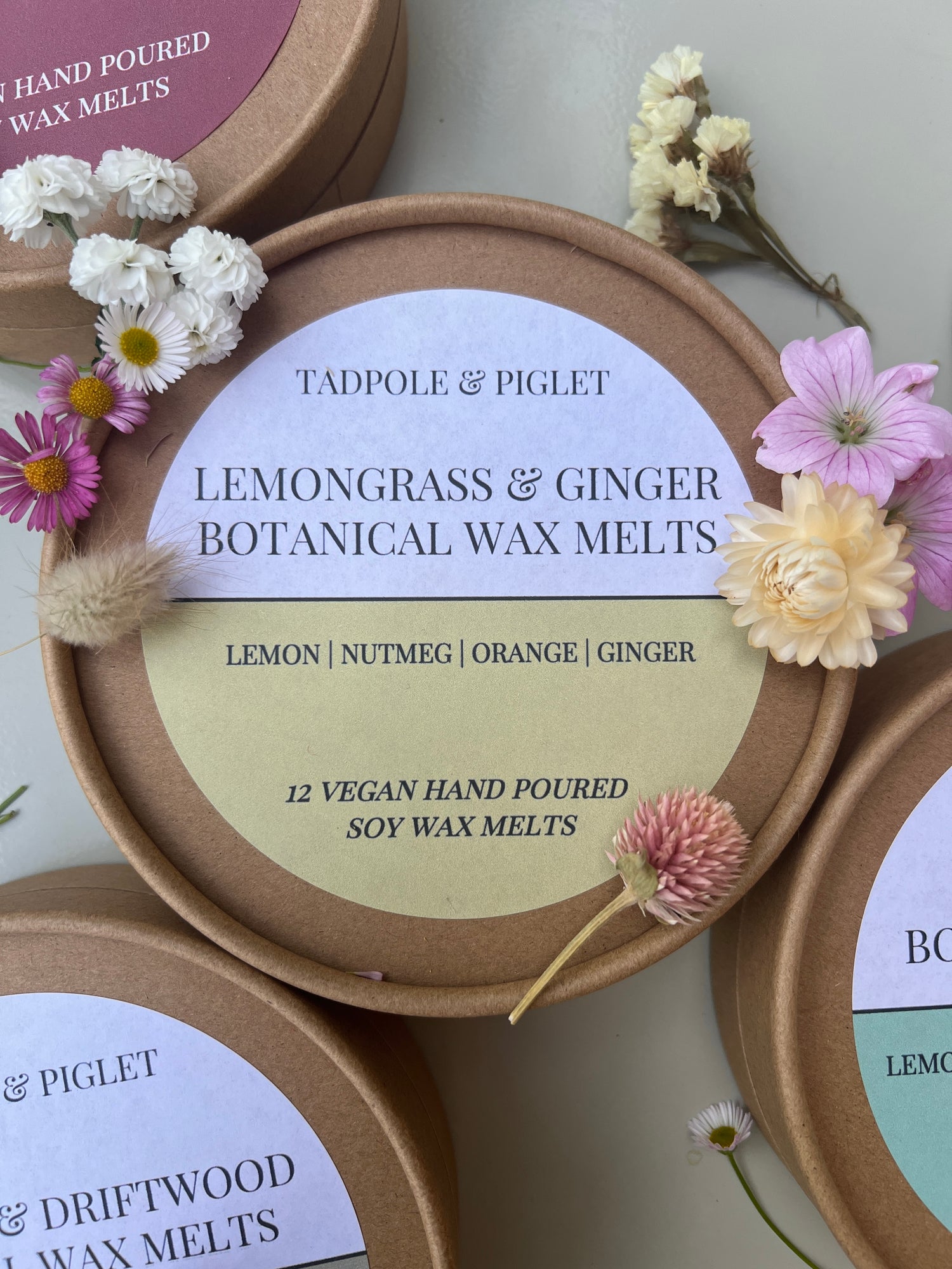 Lemongrass &amp; Ginger Botanical Wax Melts packaging with floral accents, showcasing vegan soy wax melts.