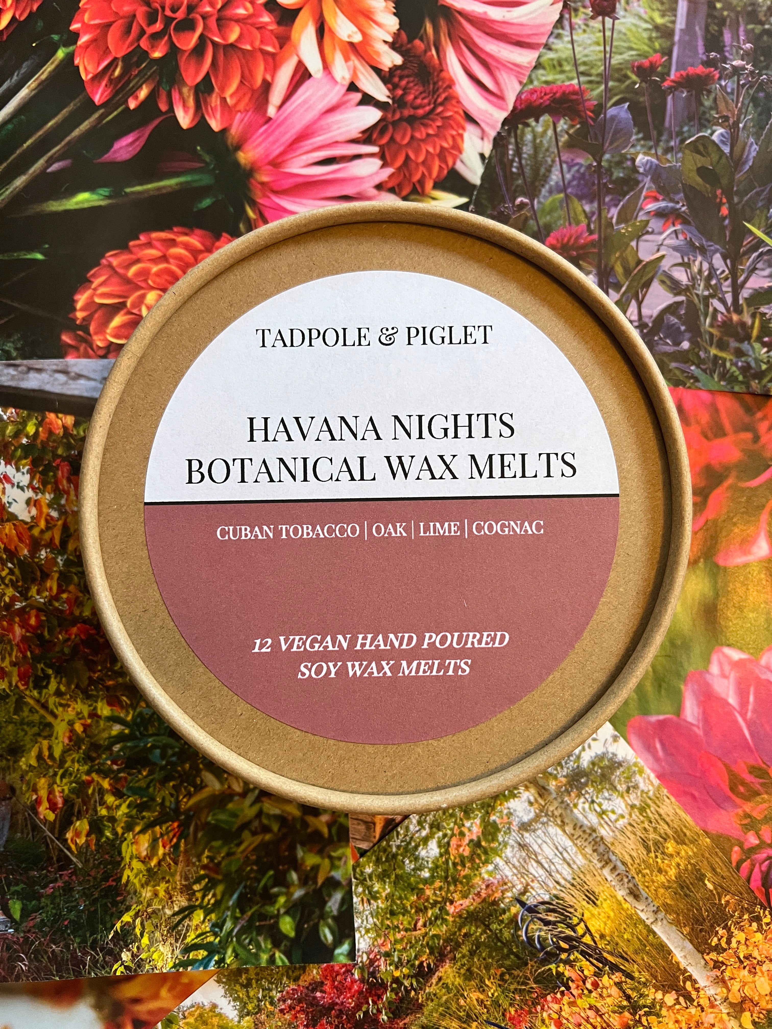 Havana Nights Botanical Wax Melts in tin, featuring Cuban tobacco, oak, lime, and cognac scents.