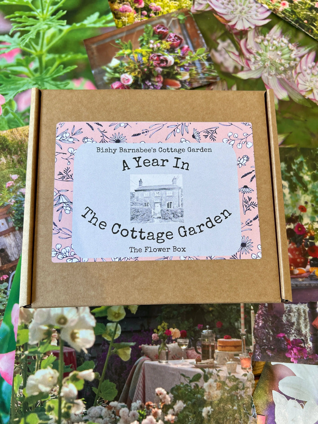 A Year in a Cottage Garden - Flower Box (12 Packs) by Bishy Barnabees Cottage Garden Ltd sits on a vibrant, flower-themed backdrop. The box features a cottage sketch and floral border—an ideal gift for gardeners.