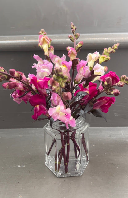 Beautiful mix of pink and purple antirrhinum flowers in a clear glass vase, showcasing vibrant floral arrangement.