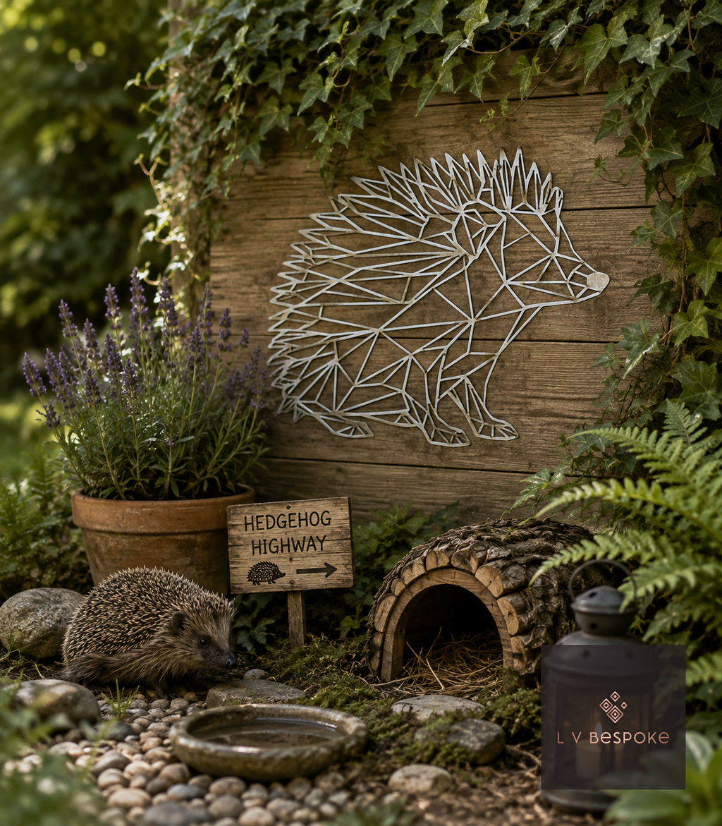 Geometric metal hedgehog wall art above a hedgehog house