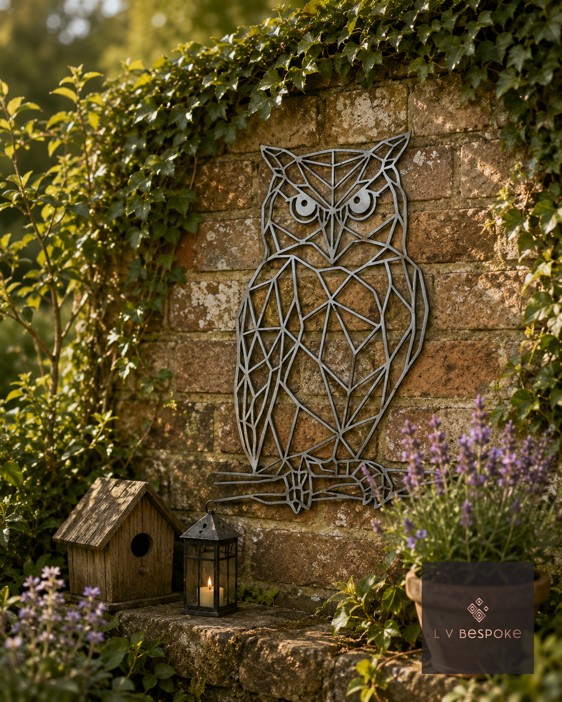 Geometric metal owl wall art on an ivy-covered stone wall